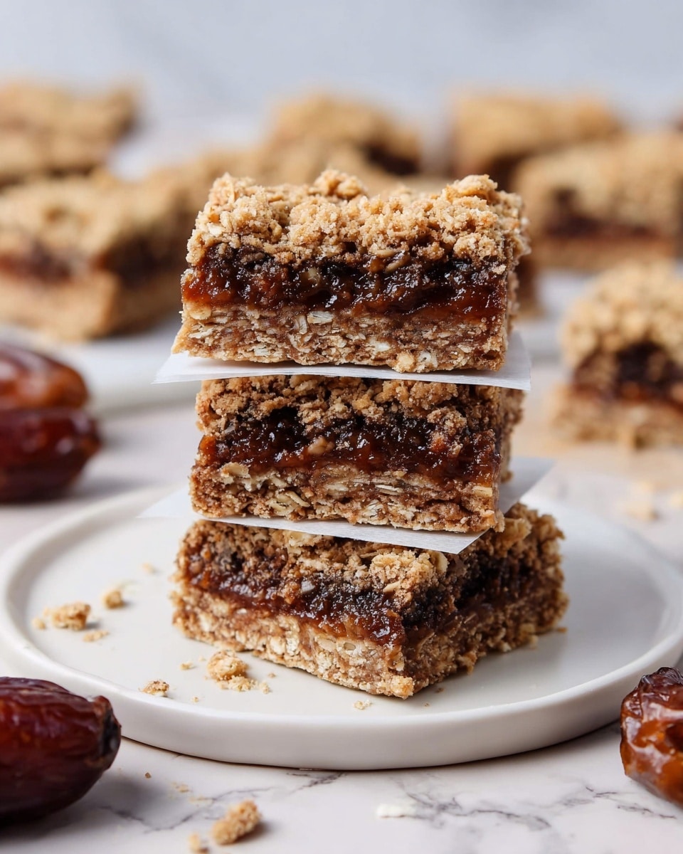 A stack of three oatmeal date bars is shown on a round white plate placed on a white marbled surface. Each bar has three visible layers: the top and bottom layers are a crumbly, light brown oat mixture with visible oats and small chunks, while the middle layer is a thick, rich dark brown date filling with a moist texture. Thin square pieces of parchment paper separate each bar. Scattered crumbs and whole dates surround the plate, with more oat bars blurred in the background. Photo taken with an iphone --ar 4:5 --v 7