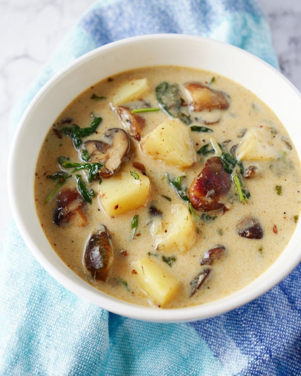 A white bowl filled with creamy soup showing visible chunks of light yellow potatoes and dark brown mushrooms mixed with small green spinach leaves throughout the thick, light beige broth. The bowl sits on a soft blue and white checkered cloth placed on a white marbled surface. The soup looks rich and smooth with textured bits of vegetables inside. photo taken with an iphone --ar 4:5 --v 7