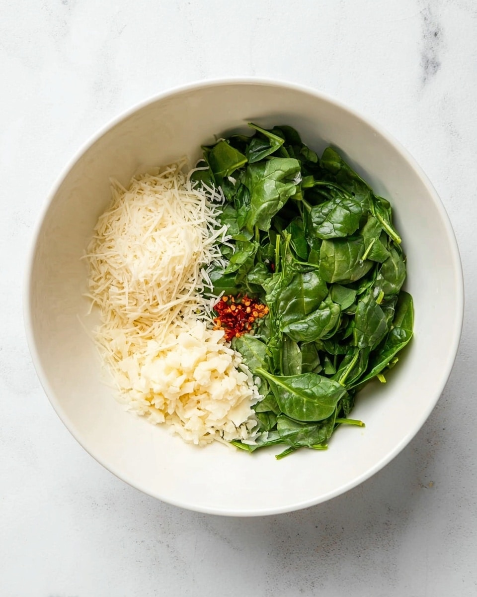 A white bowl sits on a white marbled texture surface with several ingredients inside separated into sections. On the right side, there is a large pile of fresh green spinach leaves, chopped roughly. On the left side, there are three layers: a small mound of finely shredded white cheese at the top, finely grated pale yellow cheese below it, and minced garlic with a tiny bit of red chili flakes stacked near the center. The bowl is simple and clean, emphasizing the fresh and varied textures and colors of the ingredients. Photo taken with an iphone --ar 4:5 --v 7