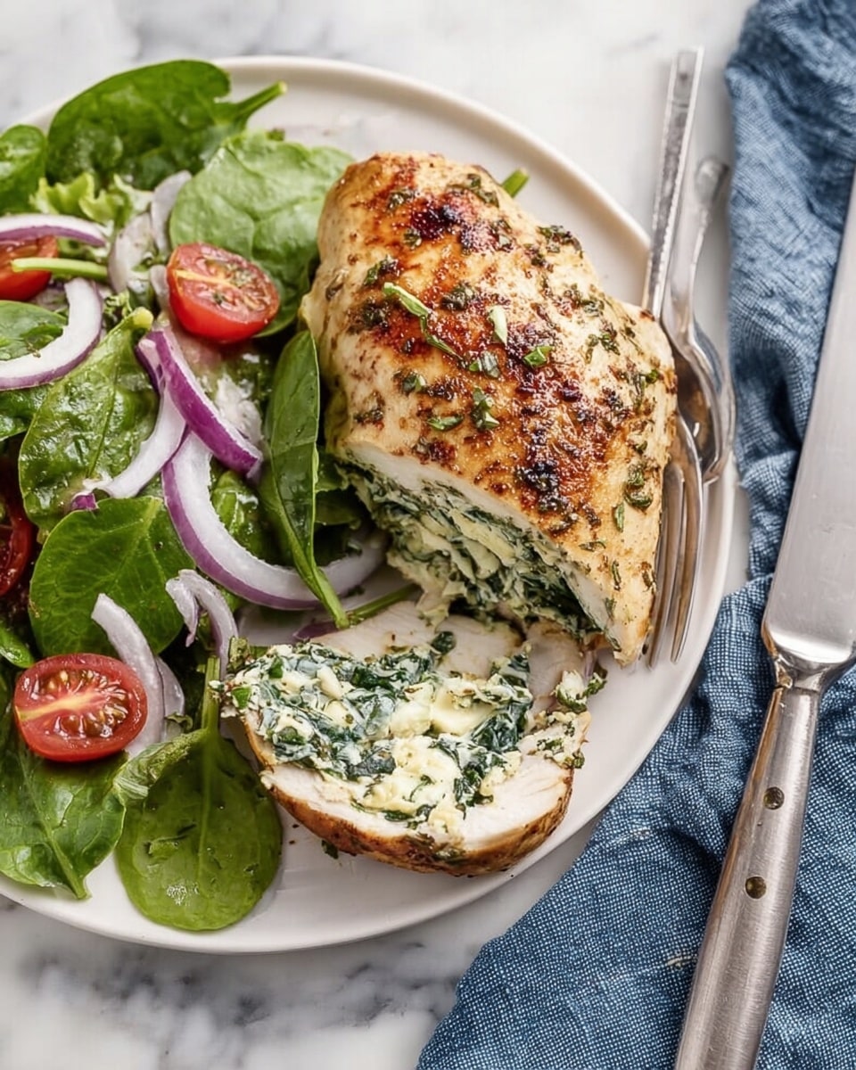 A white plate on a white marbled surface holds a grilled chicken breast stuffed with a creamy white and green spinach mixture, showing one slice cut and lifted on a fork. Next to the chicken is a fresh salad with dark green spinach leaves, light green and purple leafy greens, thinly sliced white onions, and halved red grape tomatoes. The chicken is speckled with herbs and slightly browned, and the scene includes a silver knife and a blue cloth napkin to the right of the plate. photo taken with an iphone --ar 4:5 --v 7