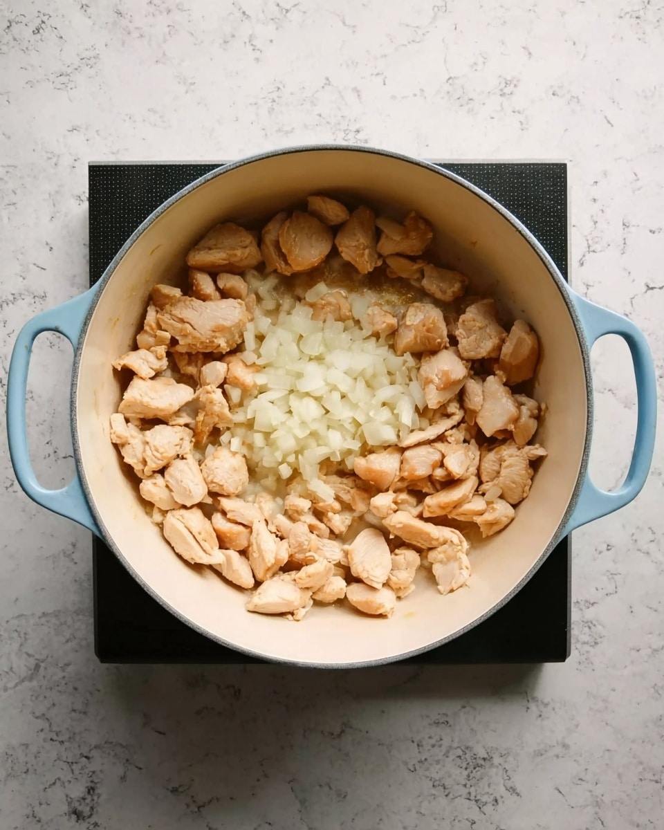 A white pot with light blue handles holds small, light brown cooked chicken pieces, scattered mostly around the edges of the pot. In the center, there is a small pile of white, finely chopped onions. The pot sits on a black stovetop with a white marbled surface around it. The chicken pieces have a lightly browned texture, and the onions look fresh and slightly translucent. photo taken with an iphone --ar 4:5 --v 7