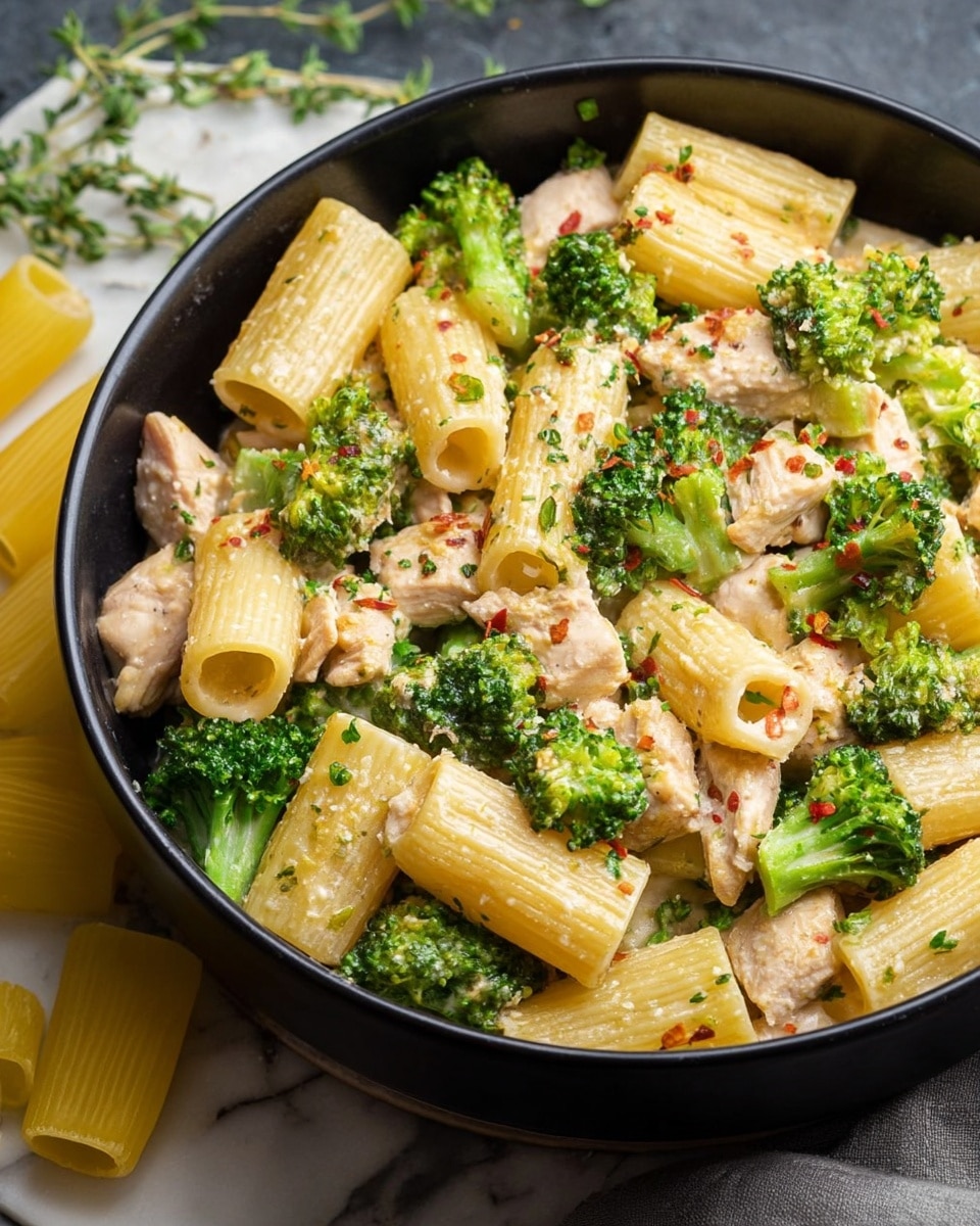 A black bowl filled with three main layers: the first layer is rigatoni pasta, pale yellow with ridged texture, arranged horizontally and somewhat overlapping; the second layer consists of bright green broccoli florets, scattered evenly among the pasta; the third layer contains light brown, cooked chicken pieces, dispersed throughout the dish. All layers are coated in a light creamy sauce with small green herb specks and a few red chili flakes sprinkled on top. The bowl sits on a white marbled surface with yellow uncooked rigatoni and some green herbs nearby. Photo taken with an iphone --ar 4:5 --v 7