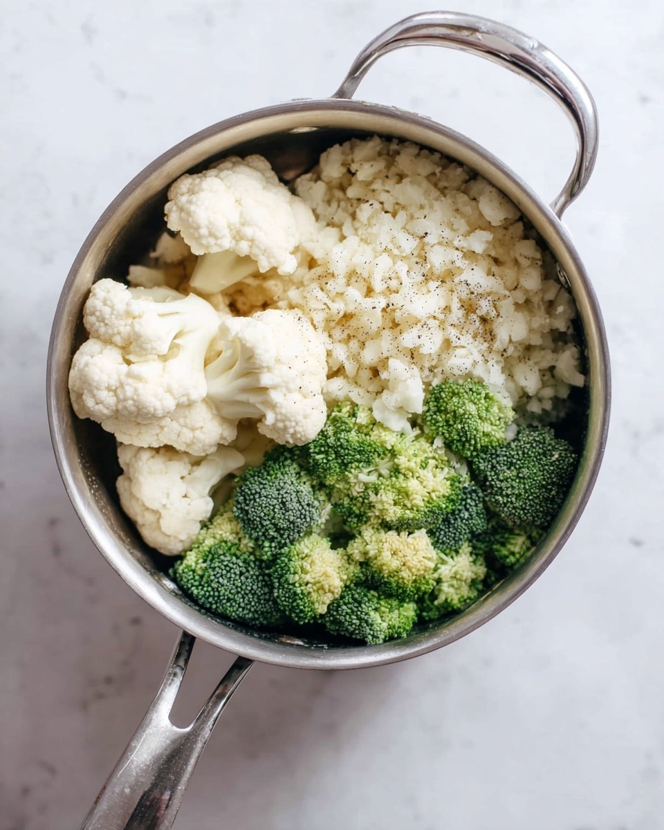 The image shows a silver metal pot on a white marbled surface, filled with three layers of vegetables. The top left layer contains large, creamy white cauliflower florets with a rough texture. To the right, another layer of finely chopped light-colored cauliflower pieces is sprinkled with black pepper, providing a soft and crumbly texture. At the bottom, there is a layer of bright green broccoli florets with a dense, bumpy surface, tightly packed together. The pot handle extends towards the bottom left corner, and the photo is taken from above, showing the vegetables clearly inside the pot. photo taken with an iphone --ar 4:5 --v 7
