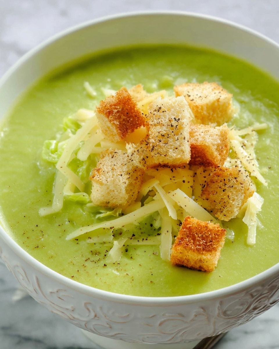 The image shows a bowl with three layers: a smooth, bright green creamy soup base filling the bowl, topped with a light yellow shredded cheese layer in the middle, and golden brown crunchy croutons scattered on top. There is also a sprinkle of black pepper over the cheese and croutons. The bowl is white with subtle ornate designs on the rim, placed on a white marbled surface. Photo taken with an iphone --ar 4:5 --v 7