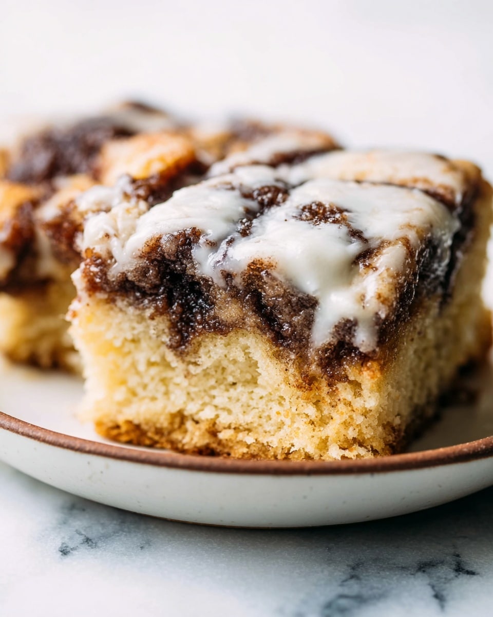 Two pieces of cinnamon roll cake sit closely on a white plate with a brown rim, placed on a white marbled texture. The dessert shows three layers: the bottom layer is a light brown, soft cake, the middle is a dark brown cinnamon swirl with a rough texture, and the top layer is covered in a shiny, white glaze with some thick spots that look creamy. The glaze drips slightly down the sides, adding a moist and sweet look to the cake. Photo taken with an iphone --ar 4:5 --v 7