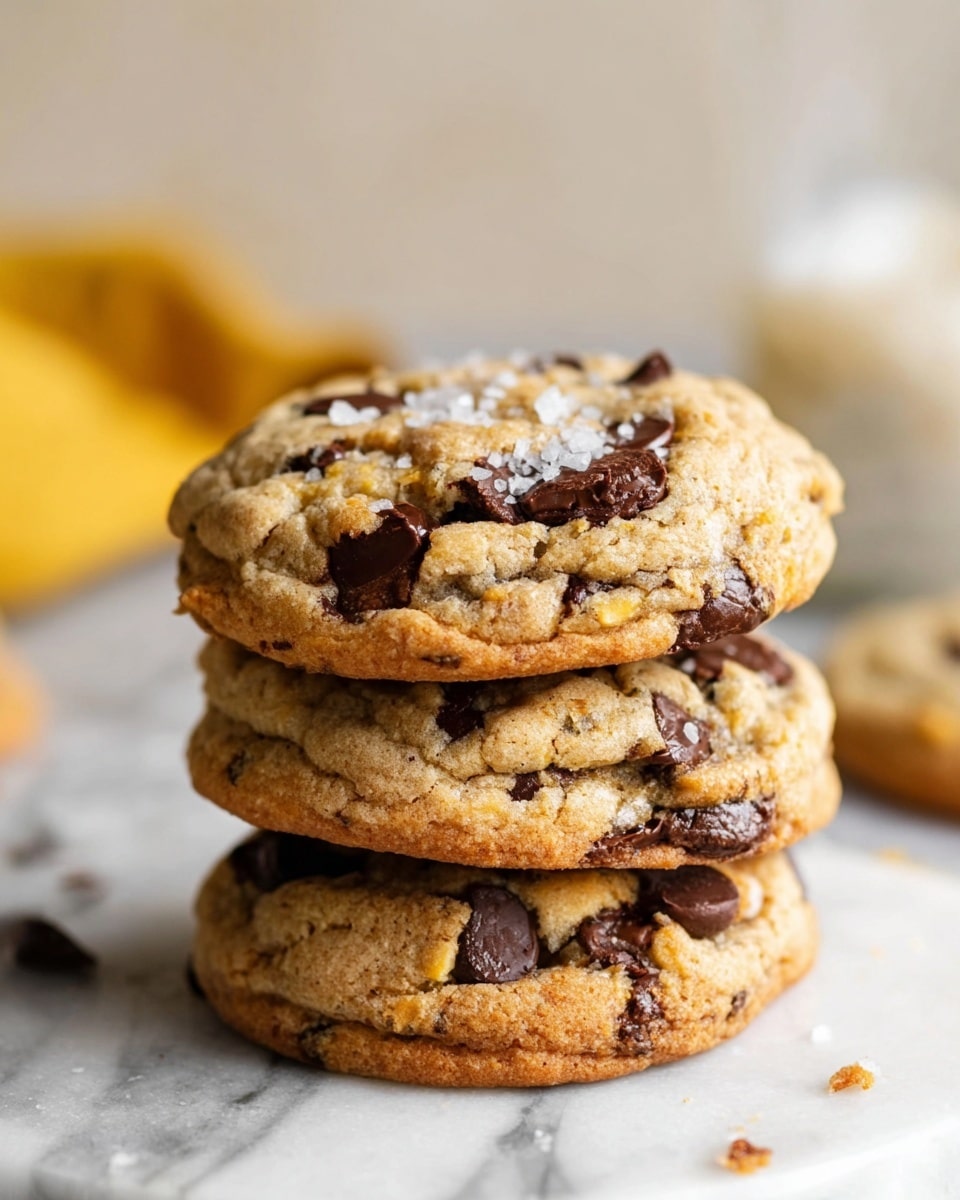 A stack of three thick chocolate chip cookies is shown on a white marbled surface. Each cookie is golden brown with visible dark brown chocolate chips embedded throughout the dough, which has a rough and slightly crumbly texture. The top cookie has a light sprinkle of coarse salt, adding small white crystals on its surface. The side of the cookies shows some rounded edges and a soft, chewy interior. The background is softly blurred with some yellow and neutral tones, giving a warm and cozy feel. Photo taken with an iphone --ar 4:5 --v 7