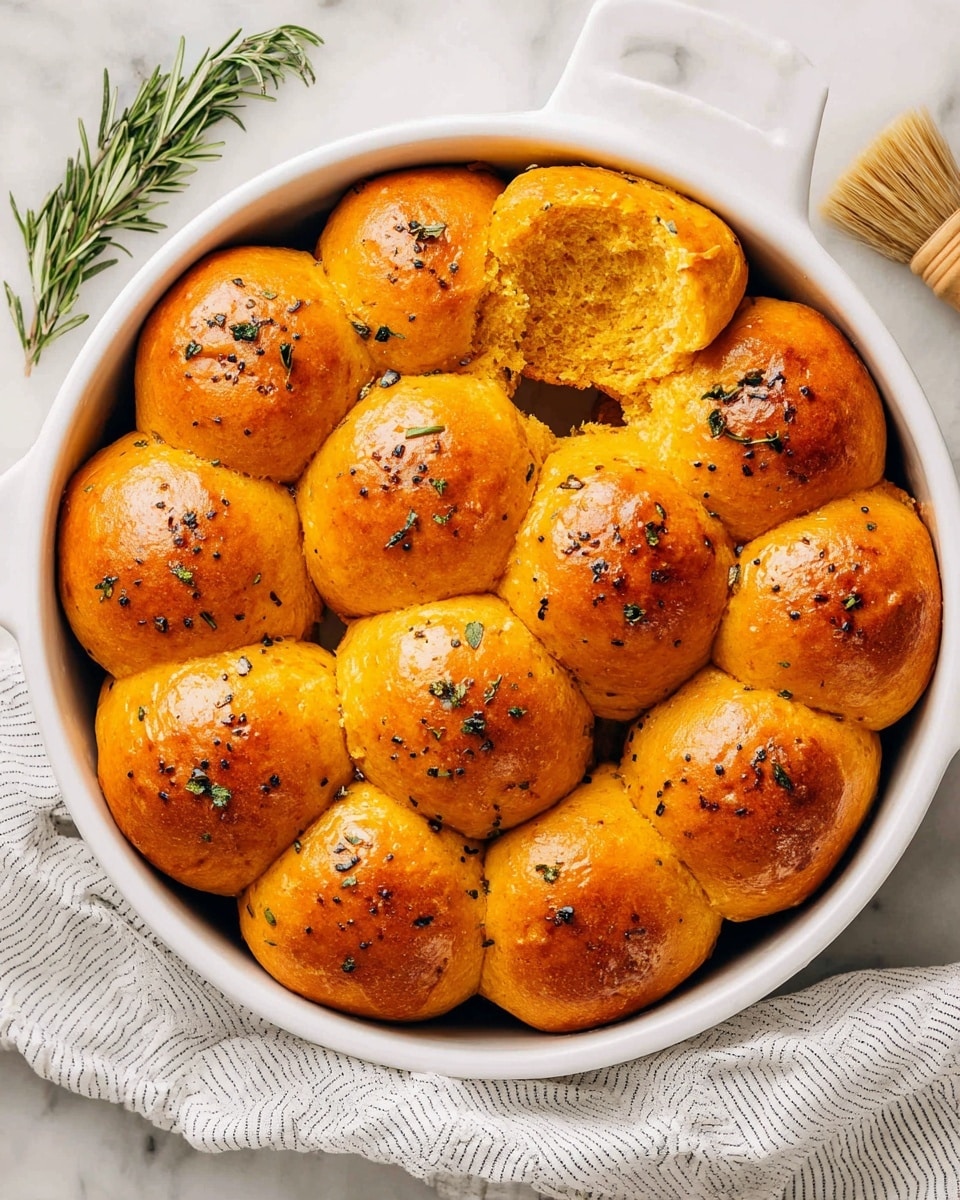 A white round baking dish holds fifteen soft, shiny golden brown bread rolls tightly packed together. The rolls have a smooth but slightly bumpy texture, with a few of them torn open, showing a fluffy, light orange inside. Some black pepper and small green herb pieces are sprinkled on top, adding a speckled look. The dish sits on a white marbled surface with a small rosemary sprig on the left side and a natural bristle brush on the right. A white striped cloth is partly under the baking dish. photo taken with an iphone --ar 4:5 --v 7