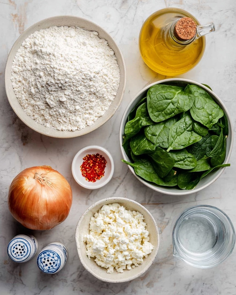 A scene showing seven ingredients placed on a white marbled surface: a large white bowl filled with fresh dark green spinach leaves on the right side, a medium white bowl filled with crumbly white cheese below it, and a whole golden brown onion with a papery texture to the left. Above the bowl of cheese, there is a large white bowl filled with fine white flour with some uneven texture on top. Between the flour and spinach bowls, two small round salt and pepper shakers with a blue and white pattern sit side by side. Above these, a small white dish with bright red chili flakes is placed next to a medium glass bottle of golden olive oil with a cork top, and a clear glass jug of water is to the right of the bottle. Photo taken with an iphone --ar 4:5 --v 7