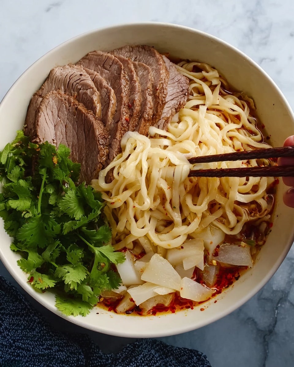 A white bowl filled with light brown slices of cooked meat arranged on the left side, thick, pale yellow noodles piled in the center with a slight chili red oil coating, and translucent white pieces of radish scattered below the noodles. Bright green cilantro leaves are placed around the edge of the bowl for garnish. A woman's hand is holding wooden chopsticks on the right side, lifting some noodles. The bowl sits on a white marbled surface. photo taken with an iphone --ar 4:5 --v 7