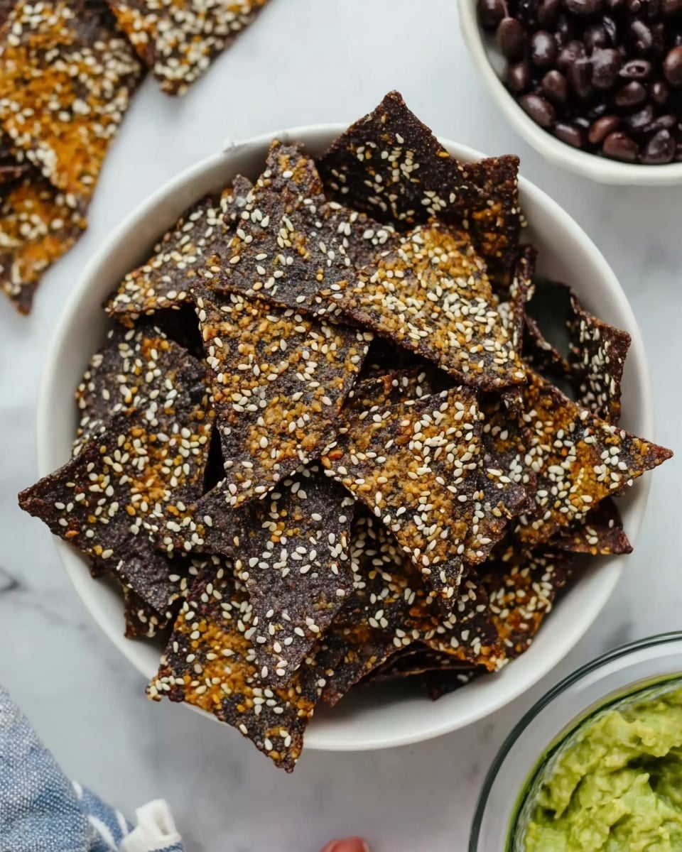 A white bowl filled with dark blue corn tortilla chips shaped in triangles, each chip sprinkled generously with white and golden sesame seeds. The chips show a rough, slightly crisp texture with some orange seasoning visible on top. Around the bowl, there are small portions of side dishes including black beans in a clear bowl and light green guacamole. The background surface is white marble, and a woman's hand reaches towards the chips from the right side. The scene looks bright and fresh, photo taken with an iphone --ar 4:5 --v 7