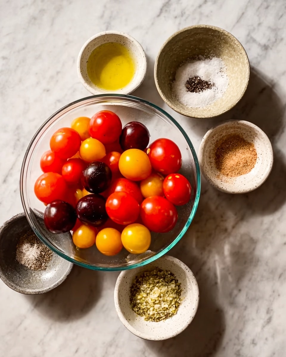 The image shows a collection of small bowls on a white marbled surface arranged in a circular pattern. In the center, there is a clear glass bowl filled with red, yellow, and dark purple small tomatoes. Around it are five white bowls each containing different ingredients: one with a pale yellow liquid (likely oil), one with black pepper, one with light brown powder (possibly garlic powder), one with salt, and one with finely minced garlic. The bowls have a smooth texture and the scene is well lit, emphasizing the fresh ingredients. photo taken with an iphone --ar 4:5 --v 7