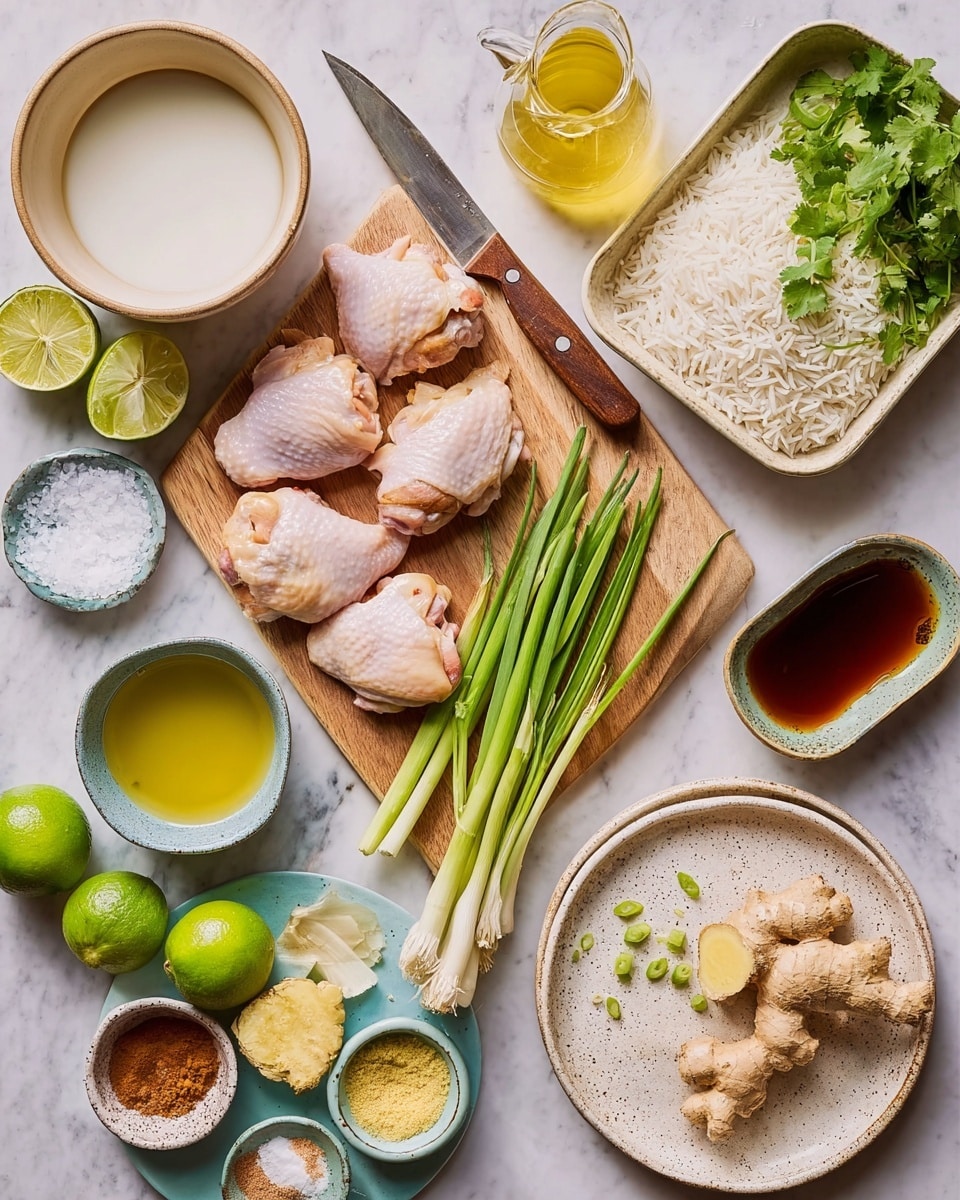 The image shows a top view of various cooking ingredients arranged neatly on a white marbled surface. In the bottom left, there is a rounded bowl with a smooth, light beige outer surface filled with white coconut milk. Next to it, a small white bowl holds light yellow oil. Above, a beige rectangular dish contains five raw chicken thighs with pale pinkish skin. A wooden cutting board is placed in the center with a sharp knife featuring a brown handle, green onions, and sliced green scallions scattered around. To the top right is a round white bowl full of white uncooked rice and fresh green cilantro leaves resting on the edge. A small white bowl with dark amber liquid sits nearby. Near the bottom right, a speckled white plate holds fresh ginger root and two small bowls, one with finely minced yellow garlic and the other with coarse white salt. At the top center, a round white plate contains a clear glass jug of golden-yellow broth, three halved bright green limes, and a small bowl of dry brown spices, completing the vibrant spread. photo taken with an iphone --ar 4:5 --v 7