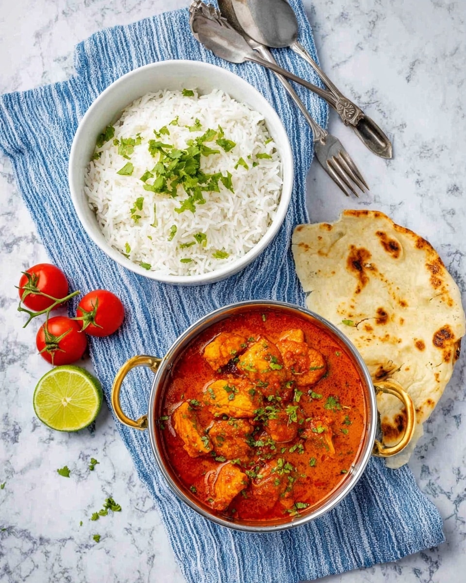 A white round bowl filled with white rice, topped with small pieces of green herbs, placed on a blue and white striped cloth; next to it, a white round bowl containing a rich, orange-red curry with chunks of cooked yellow chicken and green herb garnish on top; a piece of white flatbread with brown spots is placed beside the rice bowl, and a small bunch of red cherry tomatoes on green stems lies on the cloth; a squeezed lime half sits near the curry bowl; the whole setting is on a white marbled surface with a silver fork and spoon at the top. photo taken with an iphone --ar 4:5 --v 7