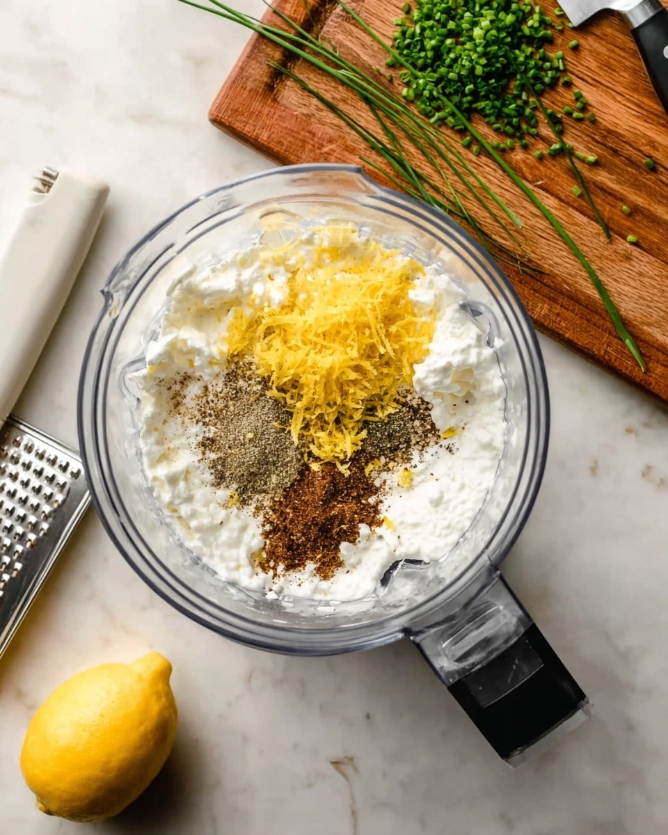 A clear blender container is filled with white cottage cheese as the base layer, topped with finely grated yellow lemon zest and a small pile of mixed brown and black ground spices, sitting on a clean white marbled surface. Nearby, a white plastic-handled grater lies flat with a whole lemon adjacent to it on the left side. Above the blender, a wooden cutting board is placed horizontally with chopped green chives scattered on one side and a knife resting on the board, with a woman's hand visible on the top right corner holding the handle of the knife. Photo taken with an iphone --ar 4:5 --v 7