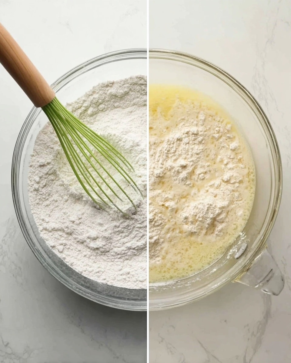 The image shows two side-by-side views of a clear glass mixing bowl on a white marbled surface. On the left side, the bowl is filled with white flour being mixed with a green whisk that has a wooden handle, the texture of the flour looks dry and powdery. On the right side, the same bowl now has liquid ingredients added on top of the flour, creating a mix of pale yellow and white lumpy flour, with some parts soaked in liquid and others still dry. The bowl is transparent and its handle is visible in both images, photo taken with an iphone --ar 4:5 --v 7