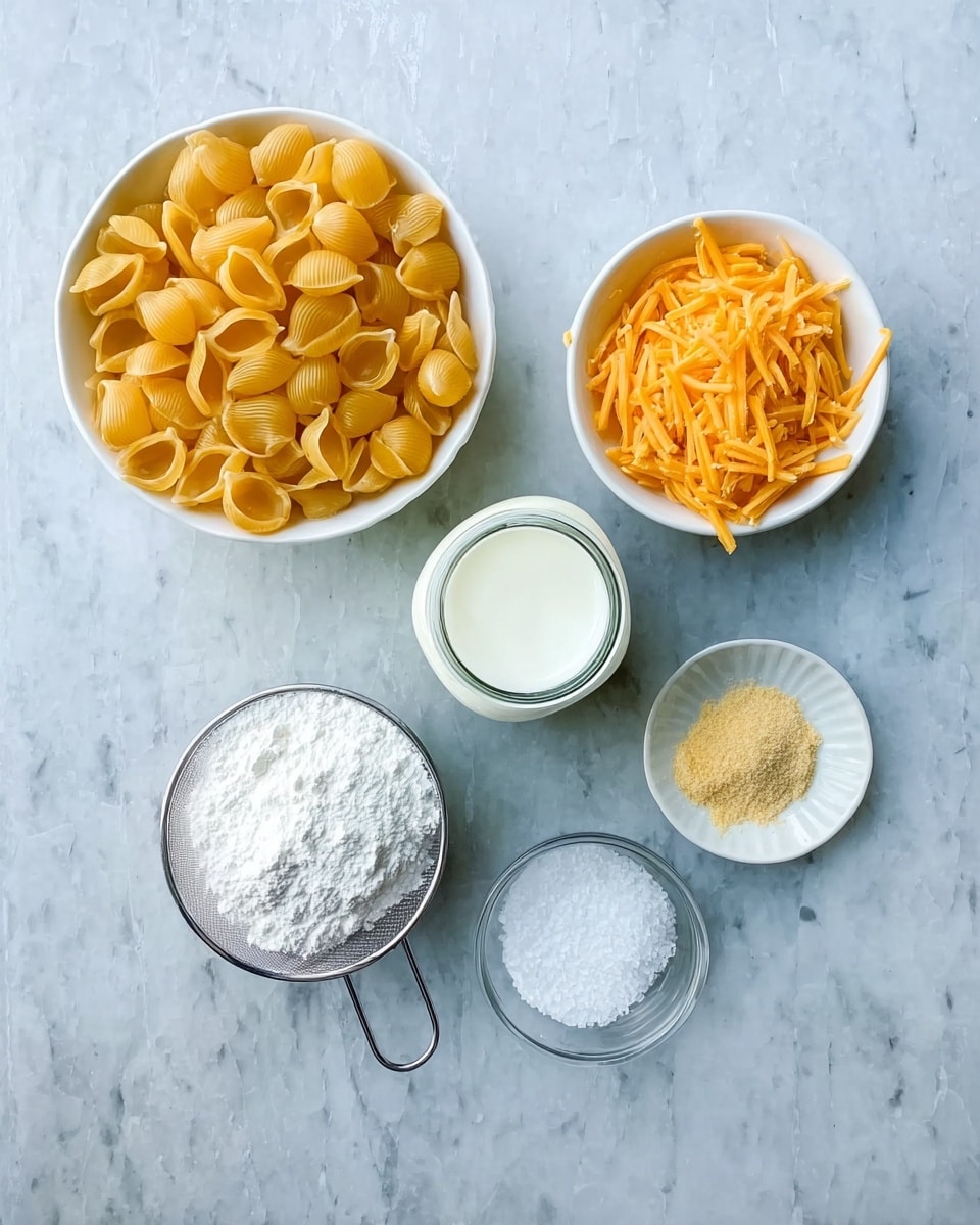 The image shows six ingredients placed neatly on a white marbled surface. At the top left, there is a white bowl filled with yellow pasta shells. Next to it on the right is a small white bowl with shredded orange cheddar cheese. Below these, in the center, is a small glass jar filled with white milk. To the left of the jar, there is a metal sieve containing white corn starch. On the right side, there is a small white sauce dish holding light yellow mustard powder. At the bottom center, there is a small clear glass bowl with white salt. All items are arranged in a visually balanced way, with soft natural lighting illuminating the scene, photo taken with an iphone --ar 4:5 --v 7