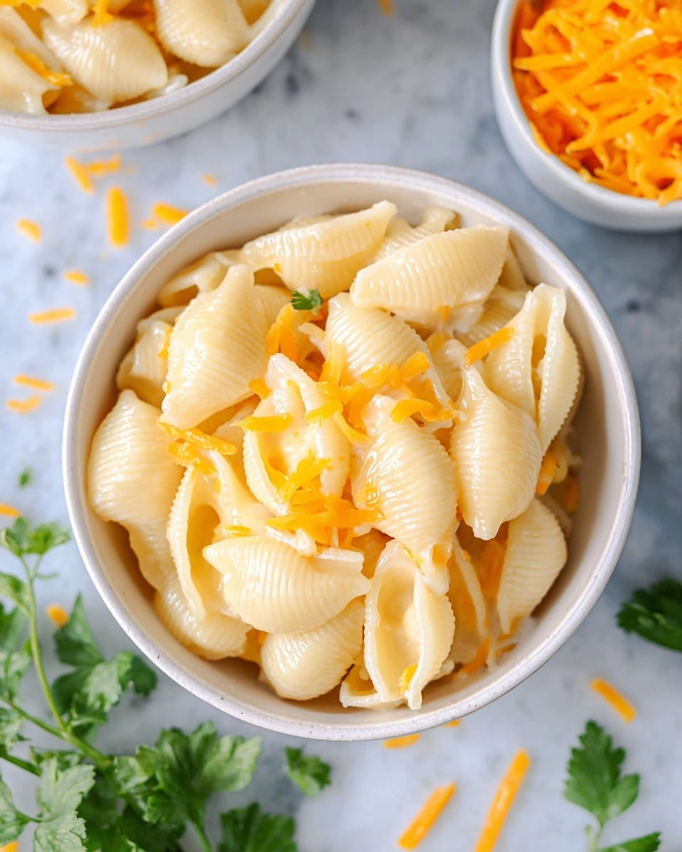 A close-up top view of a white bowl filled with creamy shell pasta mixed with small pieces of bright orange shredded cheese, showing a smooth, glossy texture on the pasta. The bowl sits on a white marbled surface scattered with some pieces of shredded cheese and green parsley leaves nearby. Another white bowl with bright orange shredded cheese is visible blurred in the top right corner. Photo taken with an iphone --ar 4:5 --v 7