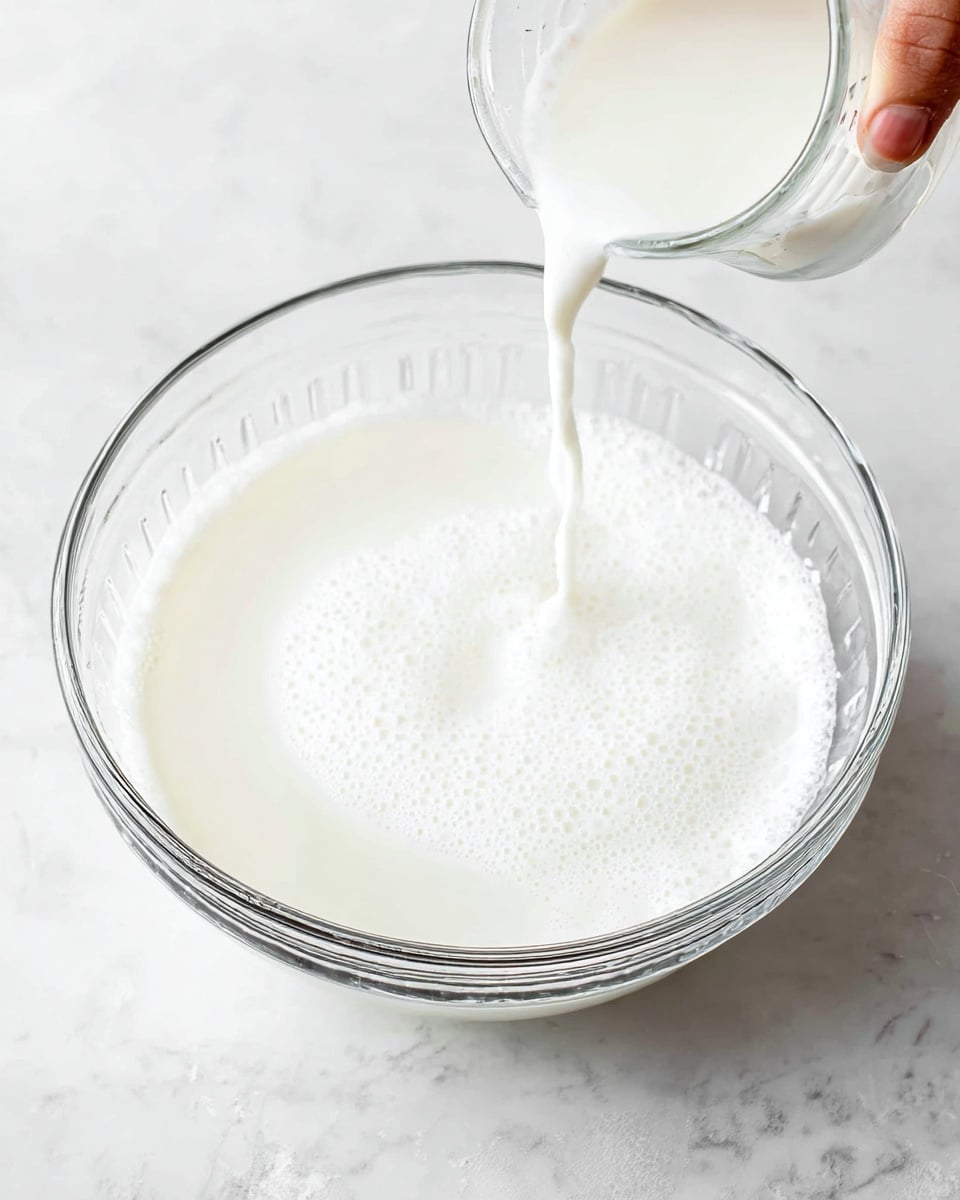 A clear glass bowl filled with a thick white liquid that looks smooth and slightly foamy on top, sitting on a white marbled surface. A smaller clear glass container held by a woman's hand is pouring more of the same white liquid into the bowl, creating small splashes and bubbles where it lands. The overall colors are white and clear glass, with a simple, clean look. photo taken with an iphone --ar 4:5 --v 7