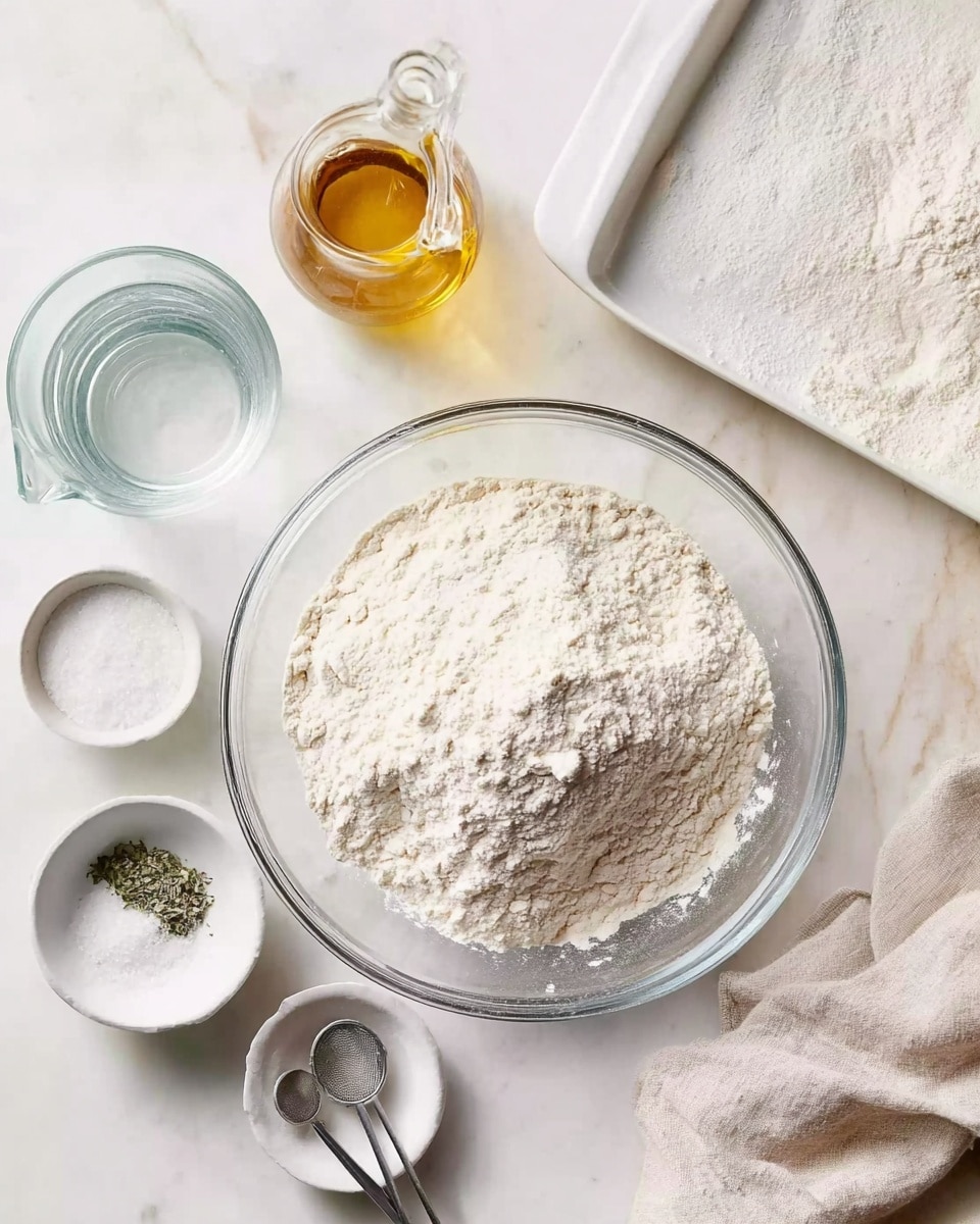 A clear glass bowl filled with a mound of white flour sits at the center on a white marbled surface. Around the bowl, there are small white dishes and metal measuring spoons holding salt, sugar, and yeast, along with a clear measuring cup of water and a bottle of light golden oil. A light beige cloth is folded and placed to the upper right near a white rectangular pan. A woman's hand is visible in the corner, suggesting preparation. The whole setting looks clean and bright. photo taken with an iphone --ar 4:5 --v 7