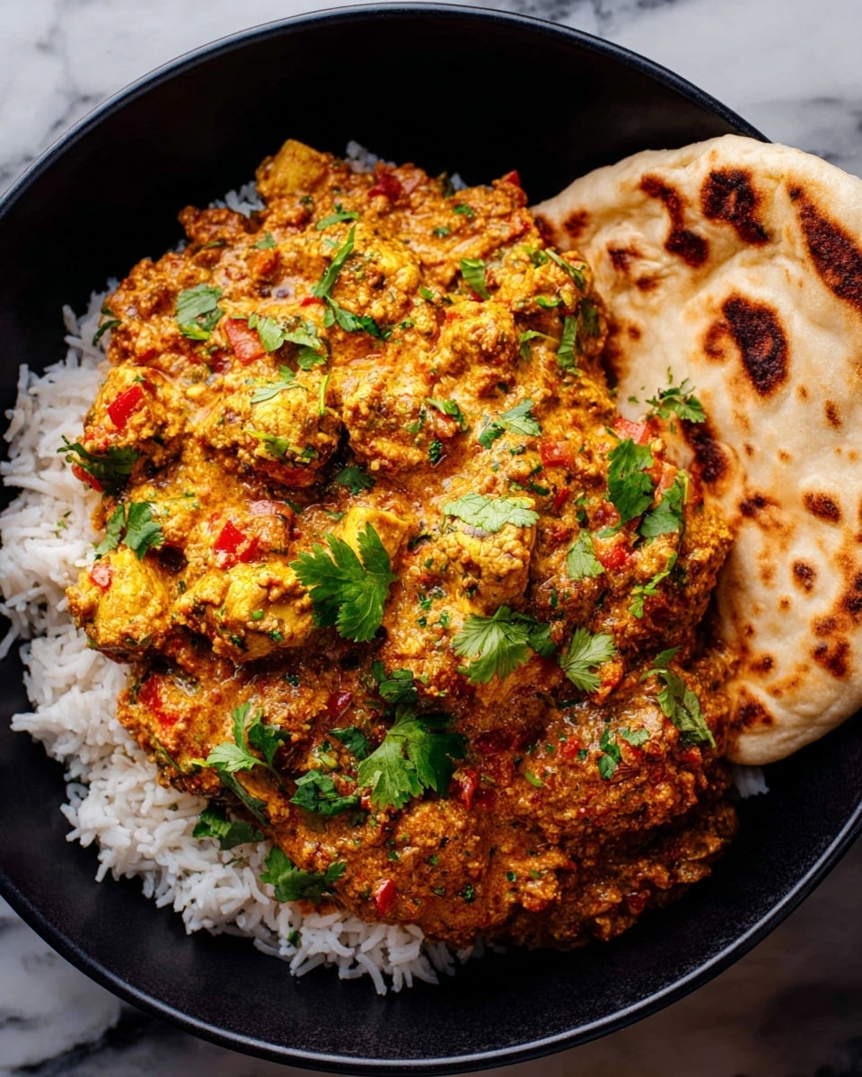 A black bowl holds a three-layer dish resting on a white marbled surface. The bottom layer is fluffy white rice spread evenly across the bowl’s base. On top of the rice lies a thick, textured curry with chunks of browned orange pieces mixed with small bits of red and green, covered in a creamy sauce with visible herbs scattered throughout. The curry is garnished with fresh green cilantro leaves sprinkled over the top, adding a bright contrast. On the right side of the bowl, a folded piece of flatbread with a warm golden-brown toasted pattern leans against the curry. The photo taken with an iphone --ar 4:5 --v 7