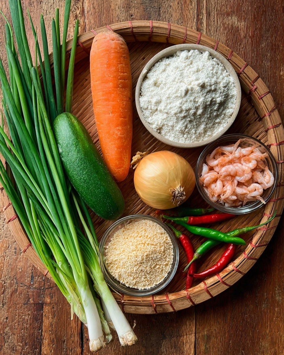 A round wicker basket holds fresh vegetables and small bowls with ingredients placed on a wooden surface. Inside the basket, on the left side, there are green onions with white tips and a bunch of long green chives, partly covered by a large bright orange carrot and a medium-sized green cucumber. Next to these vegetables are a whole yellow onion and two small white bowls: one bowl filled with white flour and the other with small dried pink shrimp. In front of these bowls is a small clear glass bowl filled with light-colored breadcrumbs. Two chili peppers, one red and one green, lie to the right side of the basket. The photo taken with an iphone --ar 4:5 --v 7