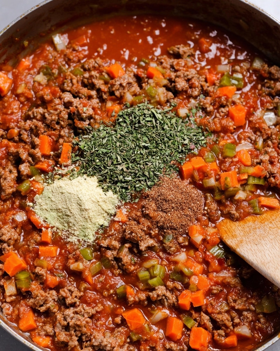 The image shows a pan filled with a mix of cooked ground meat and small diced vegetables, mainly orange carrots and green celery, in a rich red sauce. In the center, there are three piles of green dried herbs and spices on top of the mixture. A light brown spatula is resting on the right side of the pan with some bits of onion stuck to it. The ground meat looks crumbly and moist, while the vegetables add bright color and texture. The pan’s surface is well-coated with sauce, giving a shiny and slightly thick look. Photo taken with an iphone --ar 4:5 --v 7