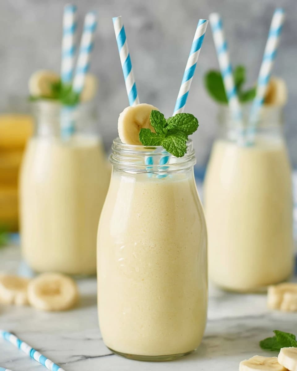 The image shows a clear glass bottle filled with a creamy light yellow smoothie. Two paper straws with blue and white stripes stand upright in the bottle. A thin round slice of banana and a fresh green mint leaf sit on the rim of the bottle near the straws. In the background, there are several similar bottles softly blurred, each with straws and mint leaves. The surface underneath is a white marbled texture with a few banana slices visible on the side. photo taken with an iphone --ar 4:5 --v 7