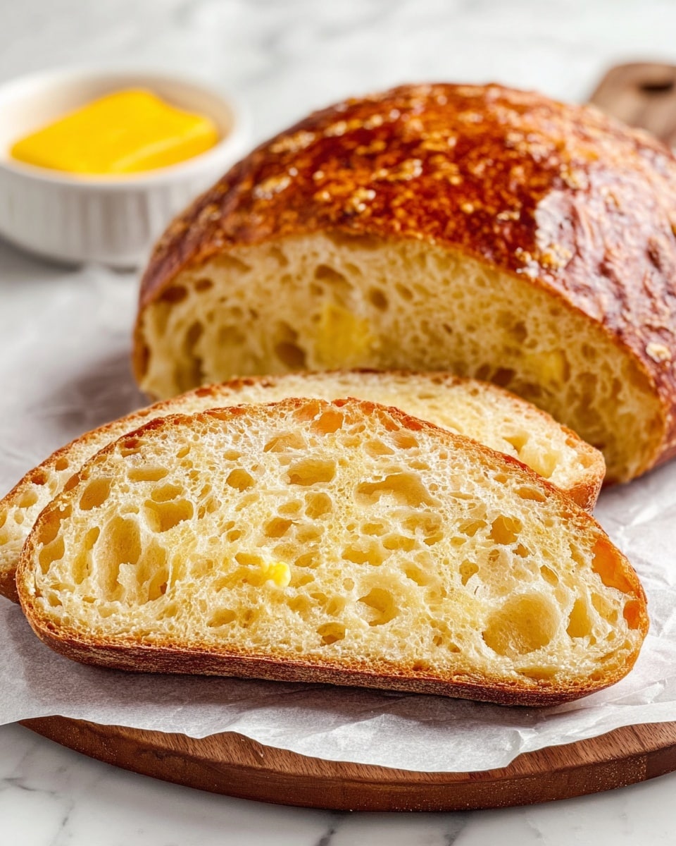 The image shows a large, round loaf of bread with a shiny, deep golden-brown crust on top. Two thick slices are cut from the loaf and placed in front, revealing a soft, light yellow inside with an airy texture and irregular holes throughout. The bread rests on white parchment paper placed on a round wooden board, which is set on a white marbled surface. In the background, slightly blurred, there is a small white bowl filled with bright yellow butter. Photo taken with an iphone --ar 4:5 --v 7