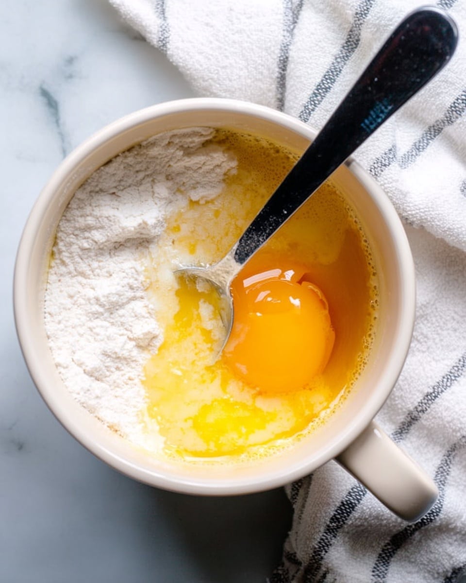 A white mug filled with several layers of baking ingredients: a layer of white flour on the left side, a raw bright yellow egg yolk resting near the center, a pool of clear slightly orange liquid surrounding the yolk, and melted yellow butter on the right side. A shiny black spoon is partially dipped into the ingredients, with its handle pointing to the right. The mug is placed on a white marbled surface with a white and gray cloth nearby. Photo taken with an iphone --ar 4:5 --v 7
