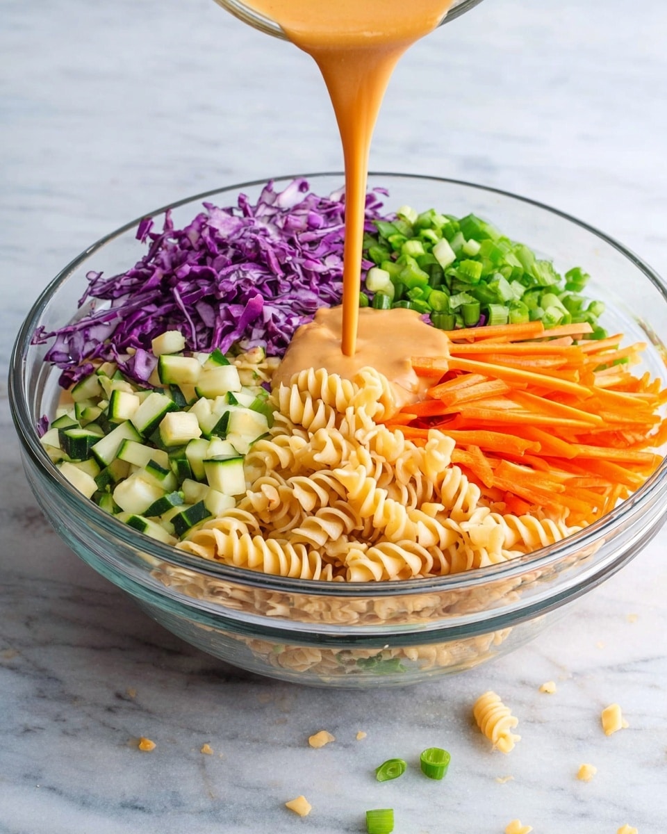 A clear glass bowl on a white marbled surface holds a colorful pasta salad with four main layers: at the bottom are light tan spiral pasta pieces; on the left is chopped purple cabbage with a rough texture; next to it is diced green zucchini with pale green inside; to the right are thin, bright orange carrot sticks; and far right is chopped green onions. A smooth, creamy orange sauce is being poured from above, landing in the center of the bowl. Small pieces of the ingredients are scattered on the white marbled surface around the bowl. Photo taken with an iphone --ar 4:5 --v 7