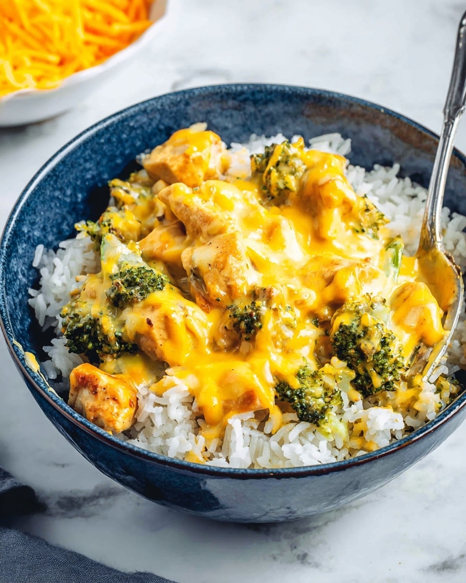 A blue bowl filled with a base layer of white fluffy rice, topped with chunks of golden brown cooked chicken mixed with green broccoli pieces, all covered by a layer of melted bright yellow cheese sauce. A silver fork rests on the right side inside the bowl. The bowl is placed on a white marbled surface, accompanied by a white dish with shredded cheese partially visible in the background. Photo taken with an iphone --ar 4:5 --v 7
