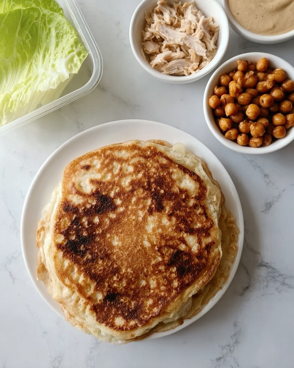 The image shows a single large pancake on a white plate placed on a white marbled surface. The pancake has a golden brown top with some darker, almost burnt-looking spots, and a fluffy, uneven texture around the edges. In the background, there are three small white bowls: one filled with chickpeas, one filled with shredded chicken pieces, and a third holding a creamy, light brown sauce. To the left, a wedge of pale green lettuce is partially visible in a clear plastic container. Photo taken with an iphone --ar 4:5 --v 7