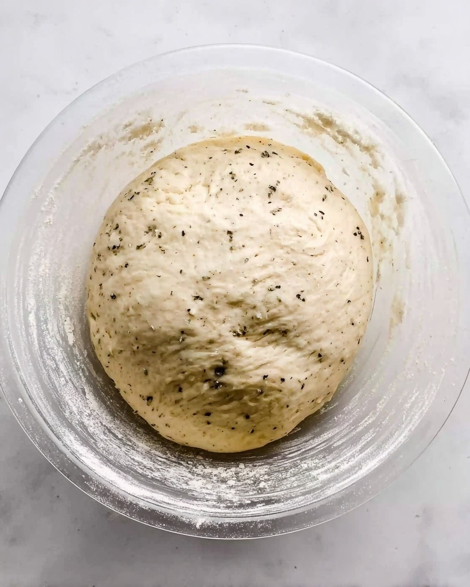 The image shows a round ball of dough with visible black pepper specks mixed throughout. The dough looks soft and slightly sticky, placed inside a clear transparent bowl. The inside of the bowl has some flour residue clinging to the sides, indicating the dough was recently mixed or kneaded. The background surface is white with a marbled texture, giving a clean and bright look. The dough is centered in the bowl, with its smooth surface showing slight indentations and folds. photo taken with an iphone --ar 4:5 --v 7