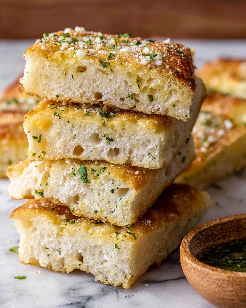 The image shows a stack of thick, golden bread pieces with a light, fluffy inside and a slightly crispy top layer. The top layer of the bread is sprinkled with small white cheese bits and finely chopped green herbs, adding texture and color. The bread has a soft, porous texture with visible air pockets inside. The bread stack is set against a white marbled surface, and a wooden bowl with a green herb sauce can be seen blurred in the background. Photo taken with an iphone --ar 4:5 --v 7