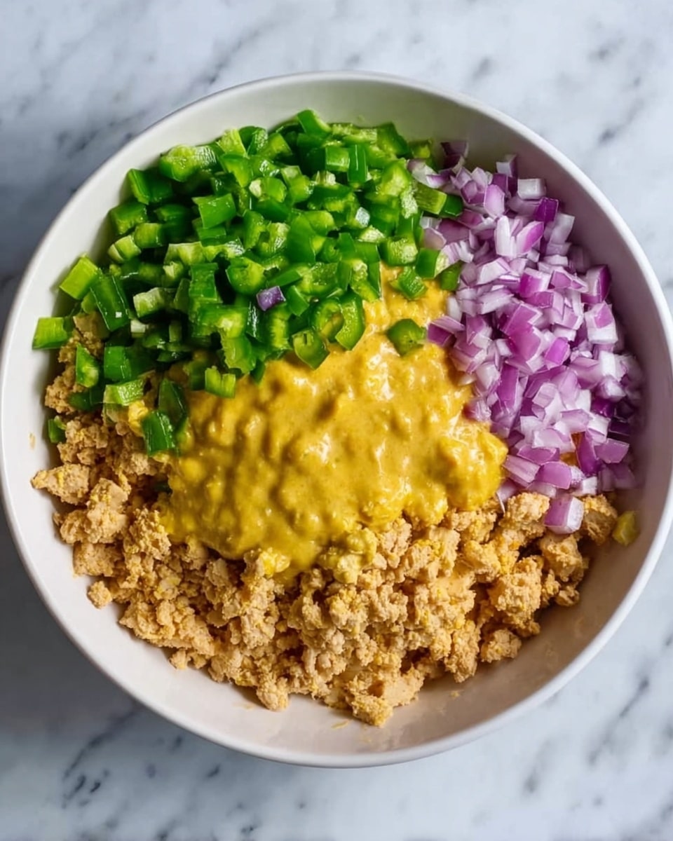 A white bowl placed on a white marbled surface contains five layers of ingredients. The bottom half of the bowl is filled with crumbled light brown pieces resembling cooked textured protein. Above that, in the center, there is a thick layer of creamy yellow sauce with a smooth texture. On the top left side, there is a layer of finely chopped bright green bell peppers, while on the top right, a smaller pile of finely diced deep purple onions sits next to the peppers. Each layer contrasts clearly with the others, making the ingredients easy to see. Photo taken with an iphone --ar 4:5 --v 7