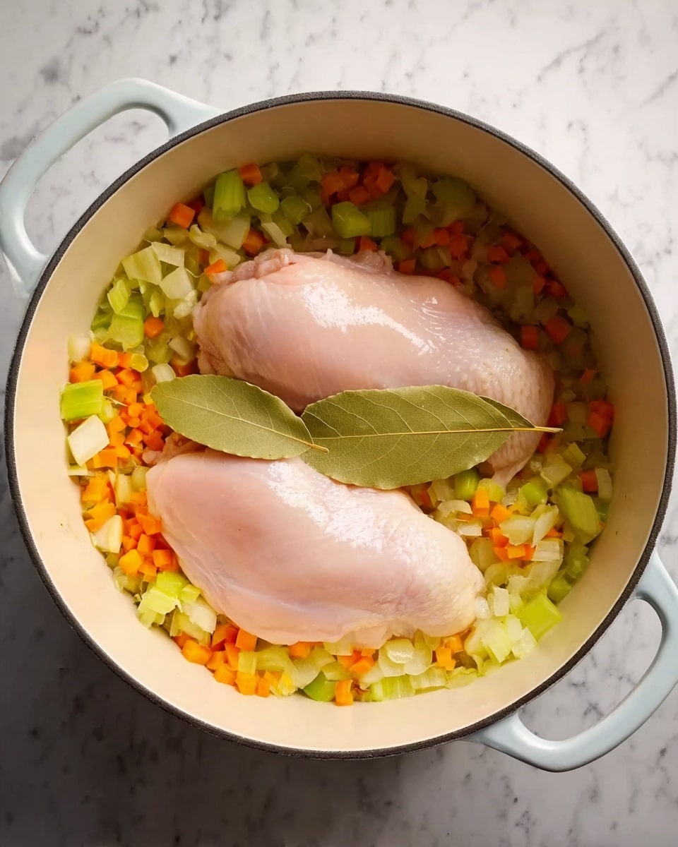 A white pot with two raw chicken pieces placed on top of a mix of finely chopped orange carrots, light green celery, and white onions. Two large bay leaves sit near the chicken on the vegetable layer. The pot is set on a white marbled surface. The chicken pieces have a smooth, light pink color with a slightly shiny texture. Photo taken with an iphone --ar 4:5 --v 7
