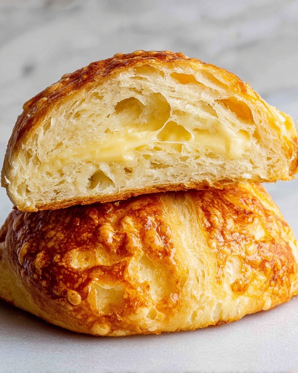 A golden brown baked bread roll is shown with a crispy crust that has a rough, bubbly texture. The bread is cut in half, revealing multiple soft, fluffy layers inside with melted cheese spread thinly between the layers. The cheese is pale yellow and appears slightly melted and creamy, contrasting with the light, airy inside of the bread. The background has a white marbled texture. photo taken with an iphone --ar 4:5 --v 7