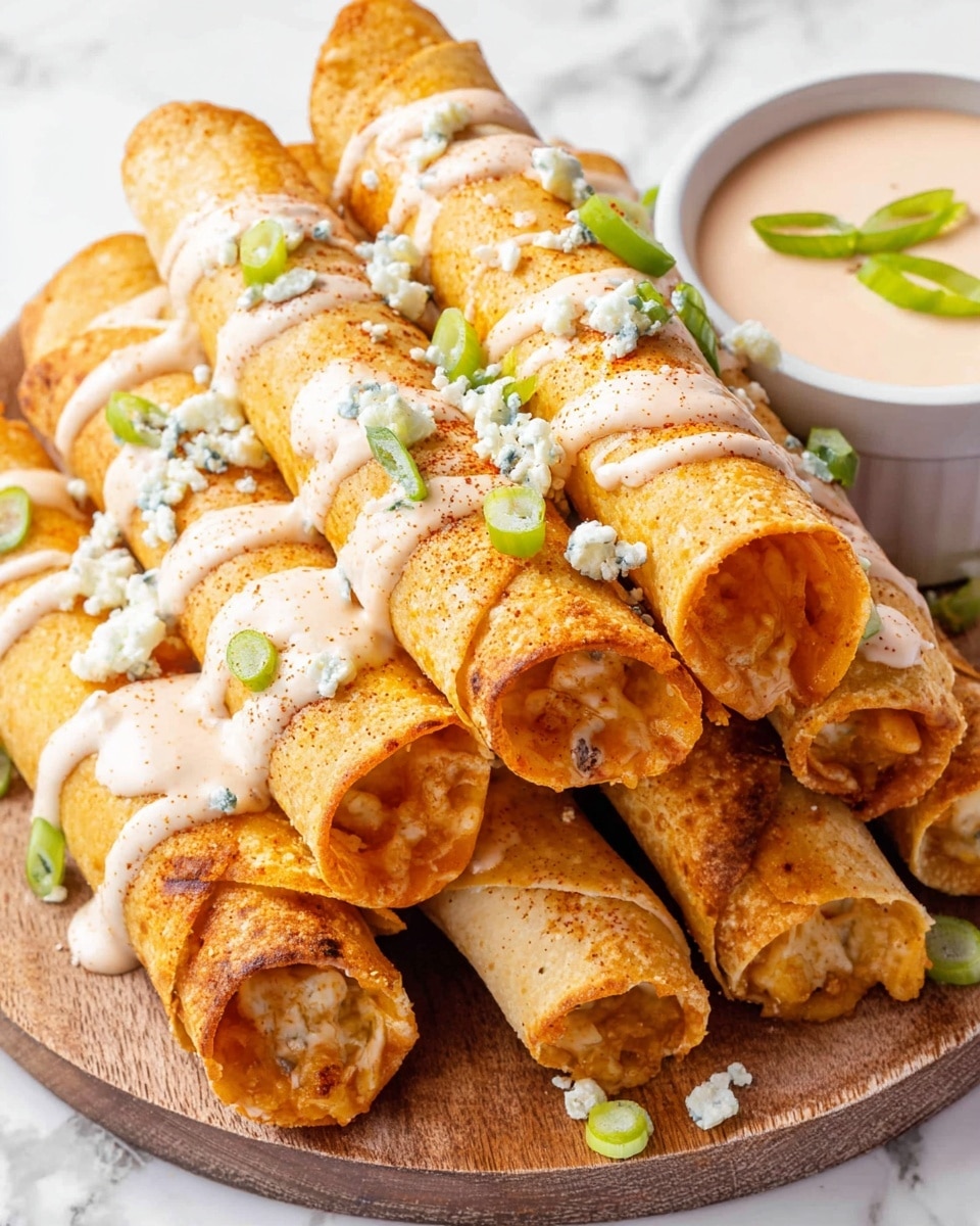 A pile of six golden brown taquitos tightly rolled, showing slightly crisp and bubbled tortilla texture with an orange tinge at some edges. They are arranged closely on a round wooden board, each taquito drizzled with pale pinkish creamy sauce lightly speckled with spices. Scattered over the taquitos are small pieces of white crumbly cheese and bright green sliced scallions, adding pops of color. A small white bowl filled with the same creamy sauce topped with a few scallion slices sits next to the cluster of taquitos. The background is a white marbled surface photo taken with an iphone --ar 4:5 --v 7