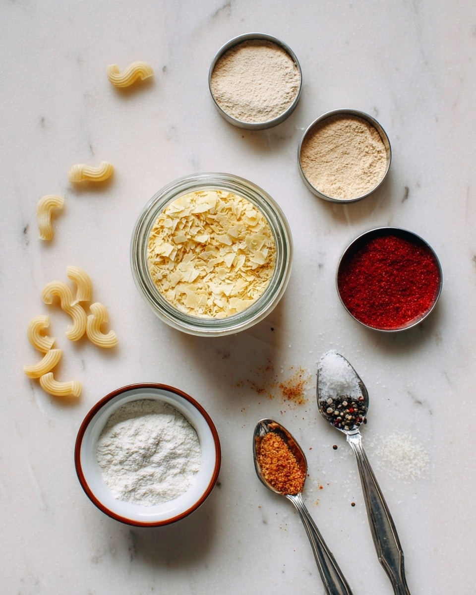 The image shows an arrangement of dry ingredients on a white marbled surface. There is a glass jar filled with light yellow flakes placed near the center. Above the jar, there are three small silver round containers holding different powders: the left one has a pale beige powder, the top right contains a light tan powder, and the bottom right has a bright red powder. Below the jar, a white bowl with a brown rim holds a white powder. Three silver spoons lie to the right of the bowl; the top spoon contains a mix of orange and black spices, the middle one holds white granules, and the bottom spoon also has white granules. Small elbow macaroni pieces are scattered around the setup. The whole scene is lit softly, creating a clean and inviting look. photo taken with an iphone --ar 4:5 --v 7
