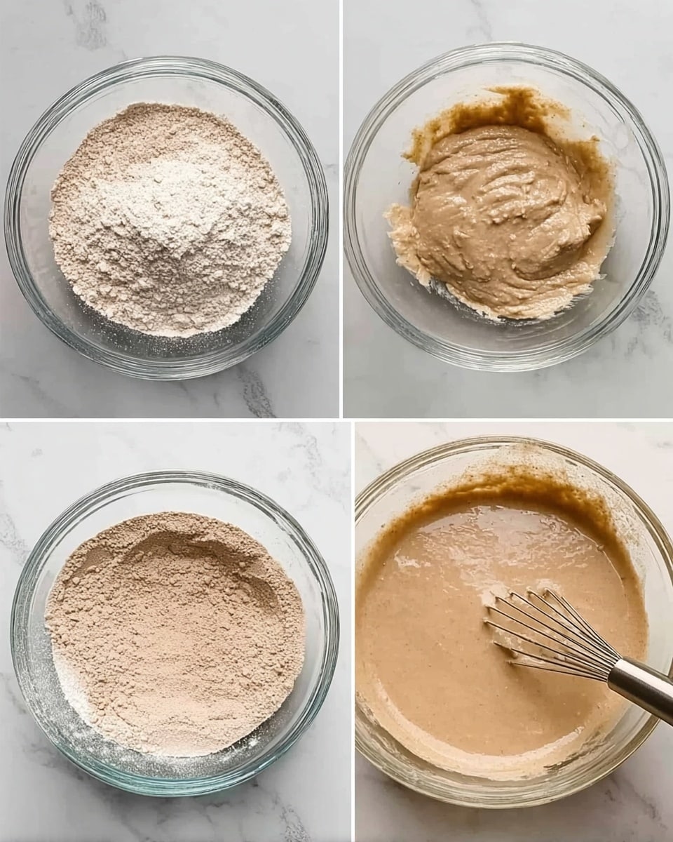 The image shows four steps of making a batter in a clear glass bowl placed on a white marbled surface. The first step has three separate piles of dry flour in different shades of light brown and white on the left, right, and top center of the bowl. In the second step, a light beige thick paste is added on top of the dry flour, slightly blending but still mostly separate. The third step shows water being poured into the bowl, surrounding the paste and dry flour, partially mixing to create a thick, light beige liquid. The final step shows the batter fully mixed into a smooth, medium brown creamy liquid with a silver whisk resting inside the bowl. photo taken with an iphone --ar 4:5 --v 7