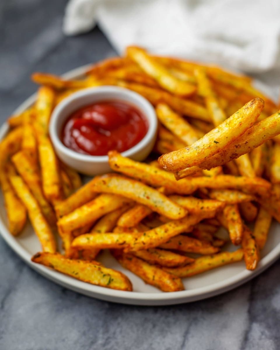 A round white plate filled with many golden-yellow and orange seasoned fries spread out. In the center of the plate, there is a small white bowl with red ketchup inside. One fry is held up close to the camera with the tip dipped in ketchup, showing the fry's crispy texture and the smooth ketchup on the end. The background is a white marbled surface with a blurred white cloth in the back. photo taken with an iphone --ar 4:5 --v 7