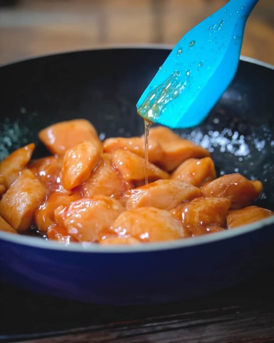 The image shows a close-up of raw, shiny, light orange pieces of marinated chicken being cooked in a black pan with a dark blue edge. A woman's hand is holding a blue silicone spatula with a bit of sauce dripping from it, hovering over the pile of chicken. The chicken pieces have smooth, slightly wet surfaces, and the background shows a blurred wooden texture. The scene highlights the cooking process with a focus on the chicken and spatula. Photo taken with an iphone --ar 4:5 --v 7