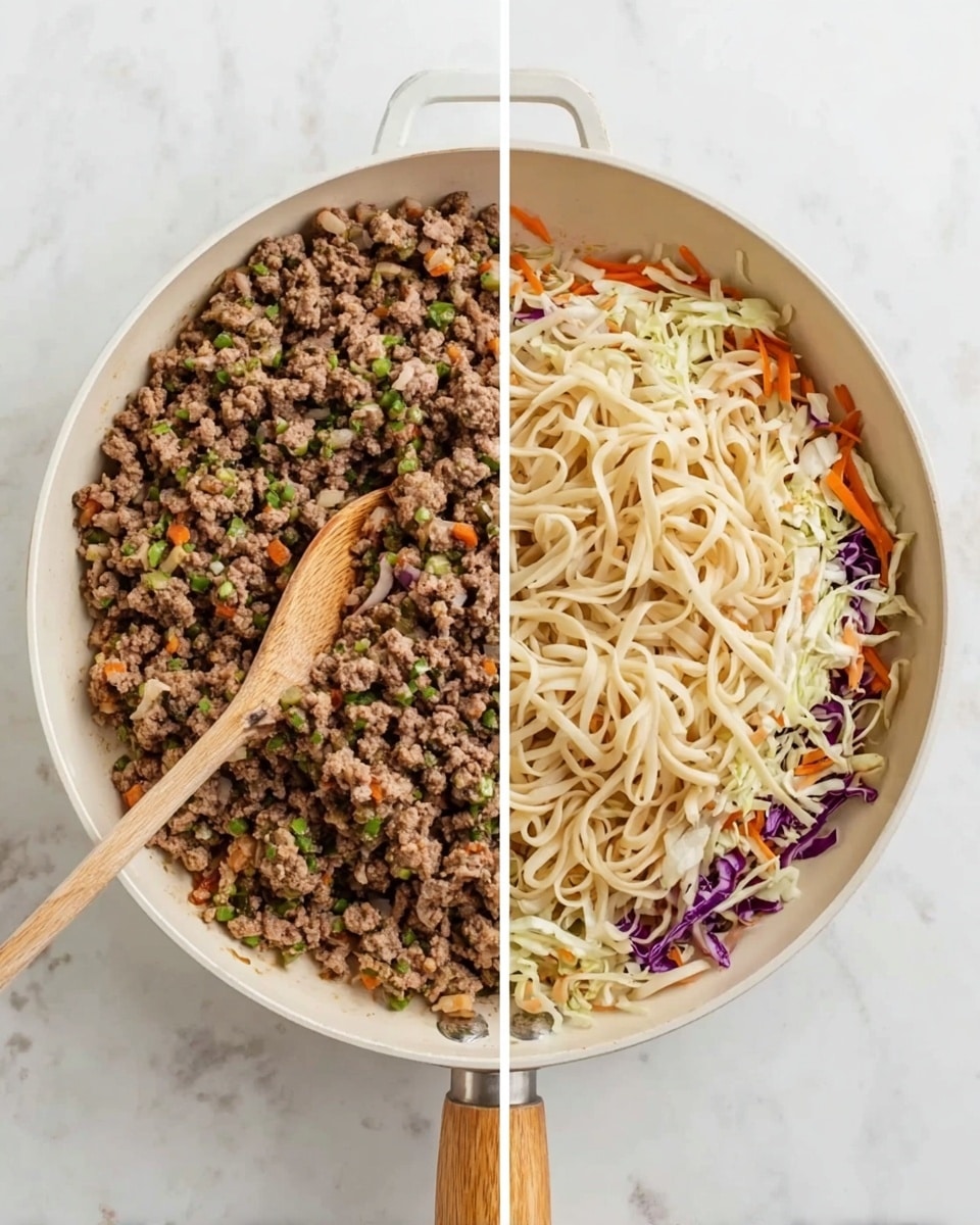 The image is split into two side-by-side parts. On the left side, there is a white pan filled with cooked ground meat mixed with small green herb pieces, with a wooden spoon resting on top. The pan is placed on a white marbled surface. On the right side, the same white pan holds three layers: the bottom layer is cooked ground meat with herbs, on top of it lies a layer of flat, light beige noodles, and the upper layer consists of shredded cabbage mixed with small pieces of carrot and purple cabbage. The pan handle is light wood, and the pan is also on the white marbled surface. photo taken with an iphone --ar 4:5 --v 7