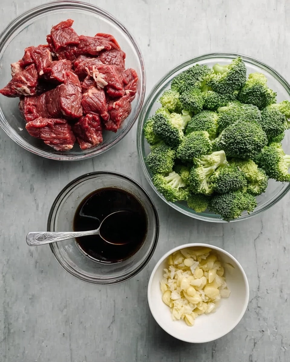 The image shows four clear glass bowls and one white bowl arranged on a white marbled surface. The top left bowl contains raw red meat strips with some white fat mixed in. To the right, a white bowl is filled with bright green broccoli florets. Below the meat bowl, there is a glass bowl with a dark liquid sauce and a spoon inside it. The bottom right white bowl holds finely chopped garlic and ginger, with a pale yellow and off-white color. photo taken with an iphone --ar 4:5 --v 7