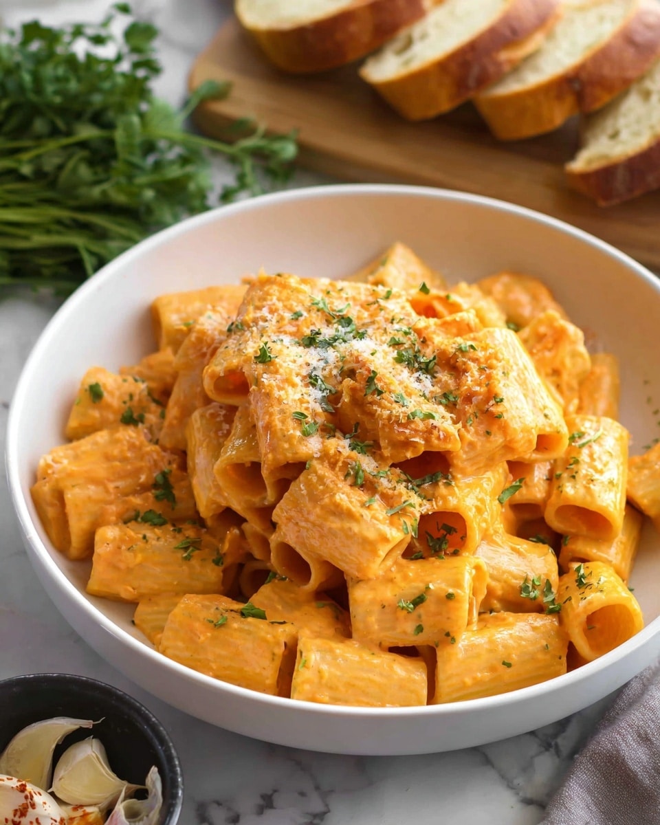 A white bowl filled with rigatoni pasta coated in a creamy orange sauce, sprinkled with small green herb pieces and light grated cheese, with the pasta pieces evenly covered and stacked in the center of the bowl; in the background, there are slices of crusty bread on a wooden board and fresh green herbs on a white marbled surface. photo taken with an iphone --ar 4:5 --v 7