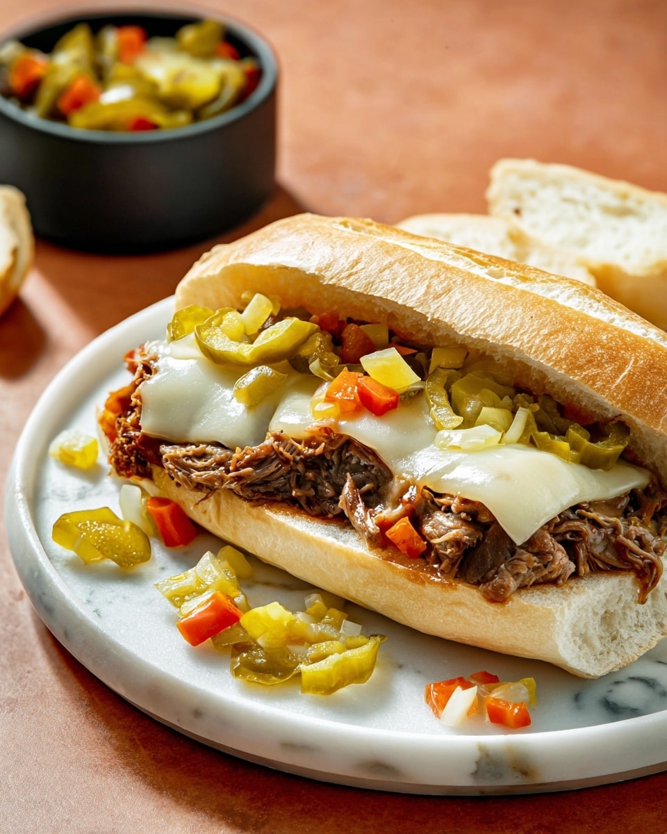 A sandwich on a white plate shows a soft, lightly toasted sandwich roll split open. Inside, the bottom layer has shredded, browned meat with a rich texture. Next, slices of melted white cheese cover the meat, soft and slightly glossy. On top of the cheese, there is a mix of chopped pickled peppers and vegetables in green, yellow, and orange colors, adding a bright contrast. The sandwich is close to the edge of the plate, with some whole and sliced pickled peppers around it. The plate sits on a white marbled surface, and a small black bowl with more mixed pickled vegetables is visible in the background. Photo taken with an iphone --ar 4:5 --v 7