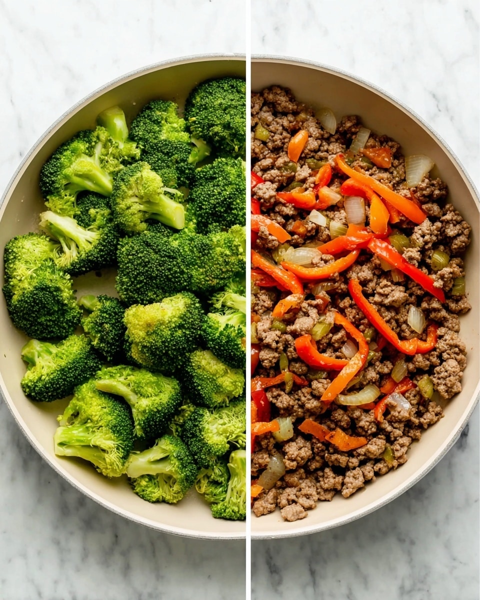 The image shows two white pans side by side on a white marbled surface. The left pan is filled with bright green broccoli florets, evenly spread out, showing their textured tops and stalks with a slight shine as if lightly cooked. The right pan contains cooked ground meat mixed with small pieces of onion and bright orange bell pepper strips scattered on top, giving a rich contrast of brown, white, and orange colors with a slightly glossy, cooked texture. The pans have a smooth cream interior, and the scene is well-lit with clear details. photo taken with an iphone --ar 4:5 --v 7