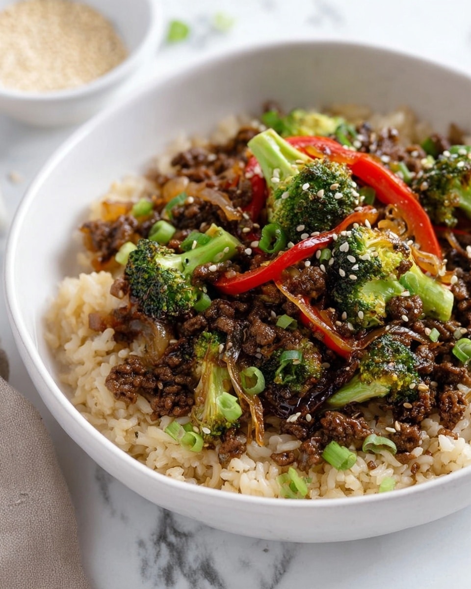 A white bowl filled with three layers: the bottom layer is cooked rice with a light beige color and soft texture; the middle layer contains dark brown stir-fried ground meat mixed with thin slices of caramelized onions, adding a slightly shiny and sticky look; on top, bright green broccoli pieces and thin red bell pepper strips are scattered, with small white sesame seeds sprinkled over everything, and some chopped green onions adding fresh green color accents; the bowl is placed on a white marbled surface, and a small white bowl with sesame seeds is blurred in the background. photo taken with an iphone --ar 4:5 --v 7
