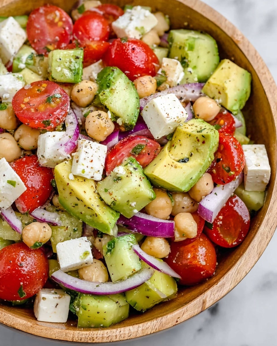 A close-up view of a colorful salad in a white wooden bowl placed on a white marbled surface. The salad shows multiple layers including bright red cherry tomatoes, creamy white cubes of feta cheese, pale beige chickpeas, thick chunks of light green avocado with specks of herbs, cubed cucumber pieces with a fresh green skin, and thin slices of purple red onion. Each ingredient is tossed evenly, creating a mix of juicy, soft, and crunchy textures with a sprinkle of black pepper visible on top. photo taken with an iphone --ar 4:5 --v 7