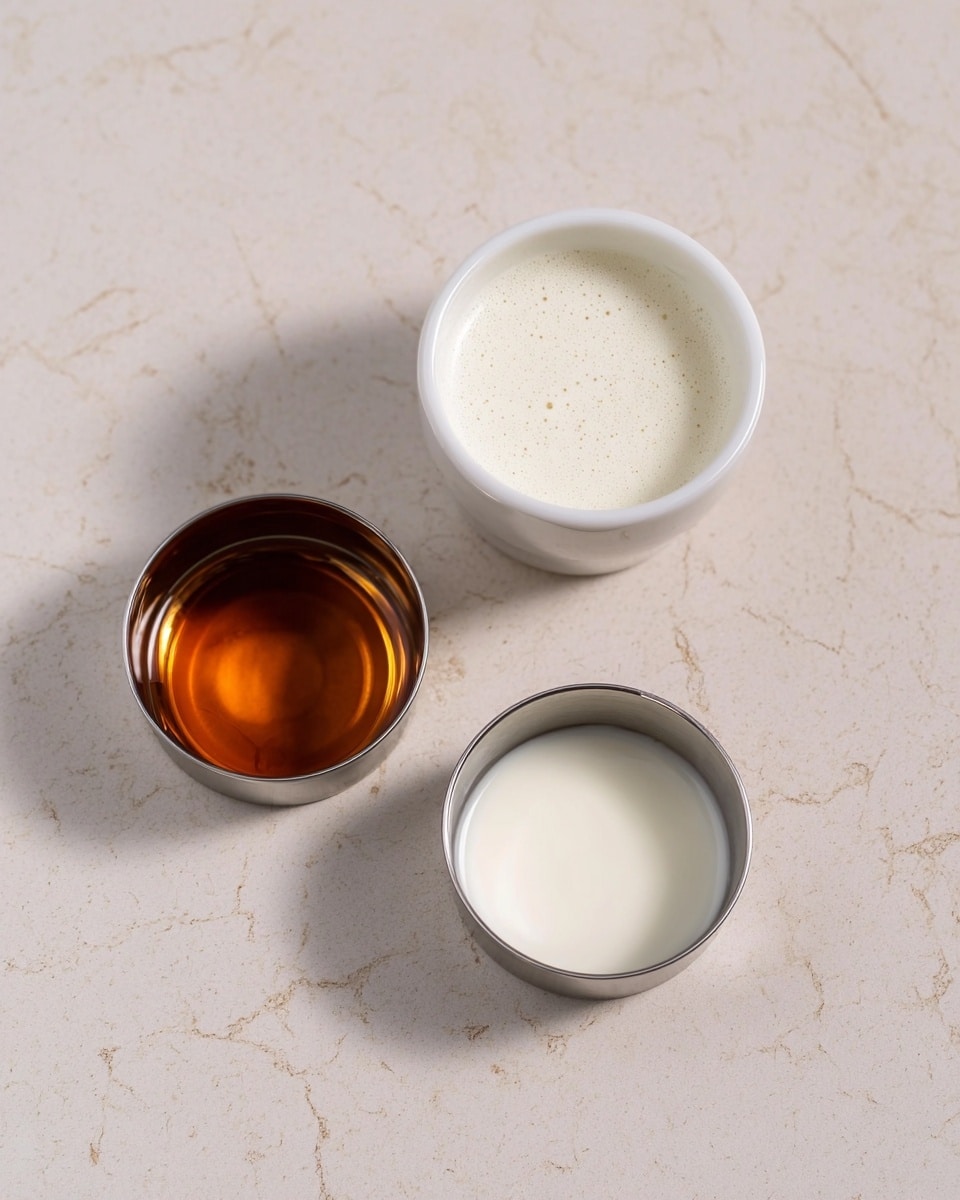 Three small containers sit on a white marbled surface, arranged in a loose triangle. The top container is a white ceramic cup filled with a thick white liquid, showing tiny bubbles on the surface. To the right, there is a small silver metal bowl holding a smooth white liquid. At the bottom left, another silver metal bowl contains a clear amber-brown liquid, which catches the light and creates a shiny reflection. The simple setup highlights the contrast between the creamy whites and the warm brown. Photo taken with an iphone --ar 4:5 --v 7